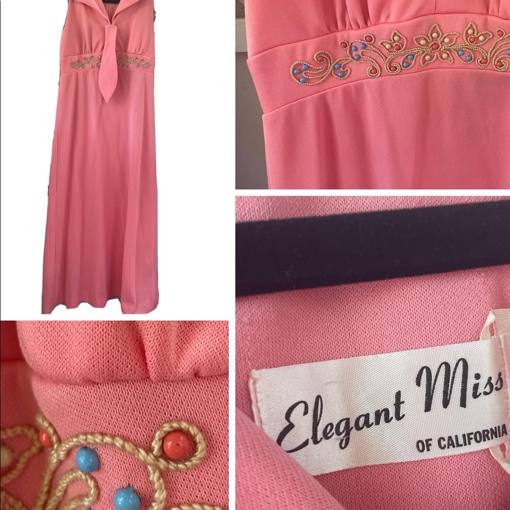 Coral pink boho vintage 1970s maxi dress empire waist beaded